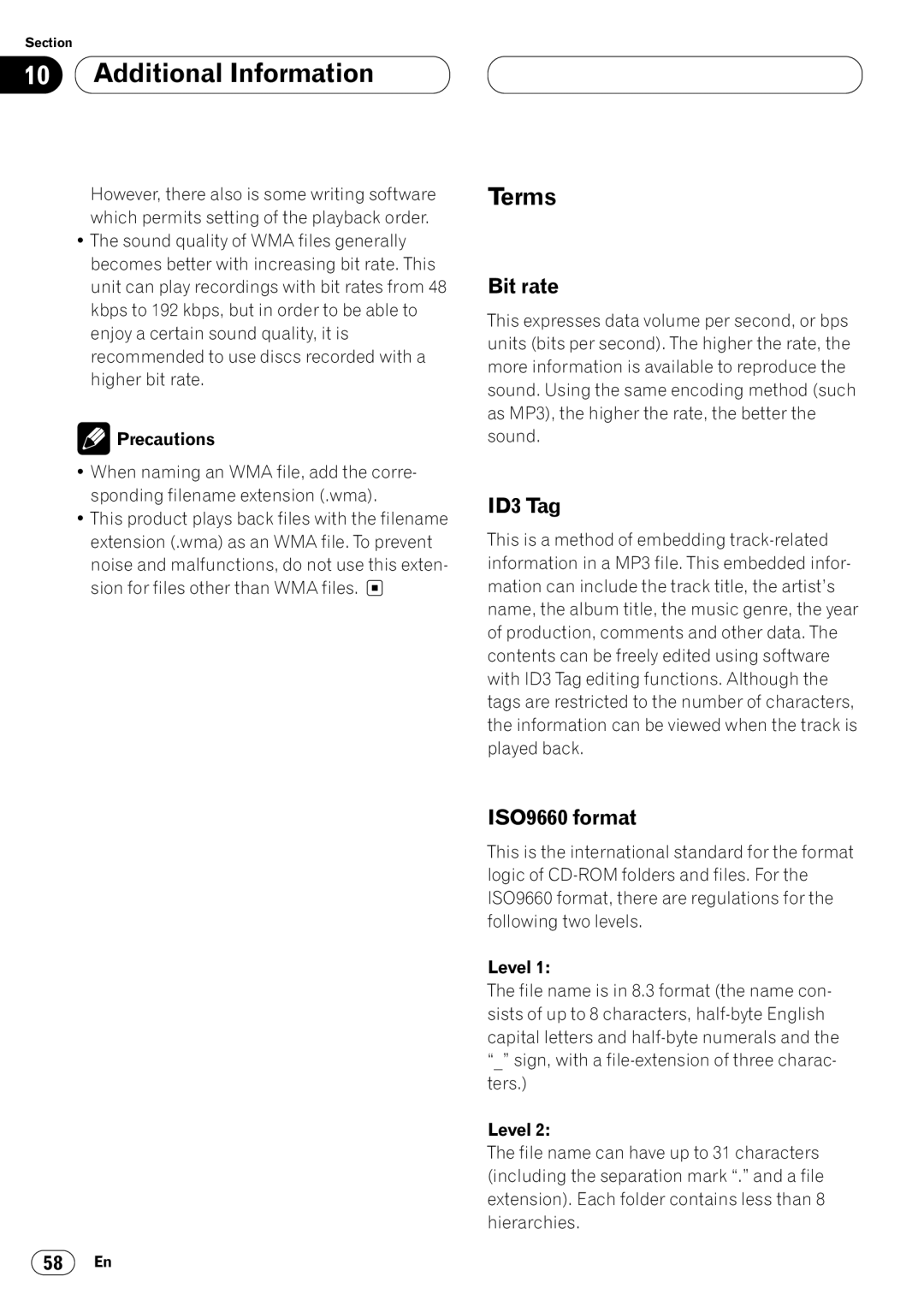 Kenwood CRD3569-A operation manual Terms, Bit rate, ID3 Tag, ISO9660 format, Level 