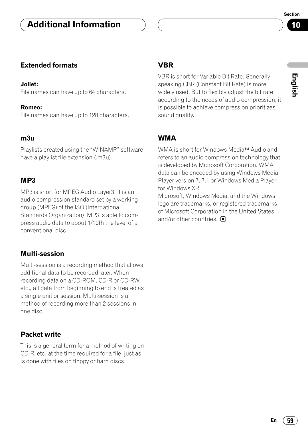 Kenwood CRD3569-A operation manual Extended formats, English M3u, Multi-session, Packet write 