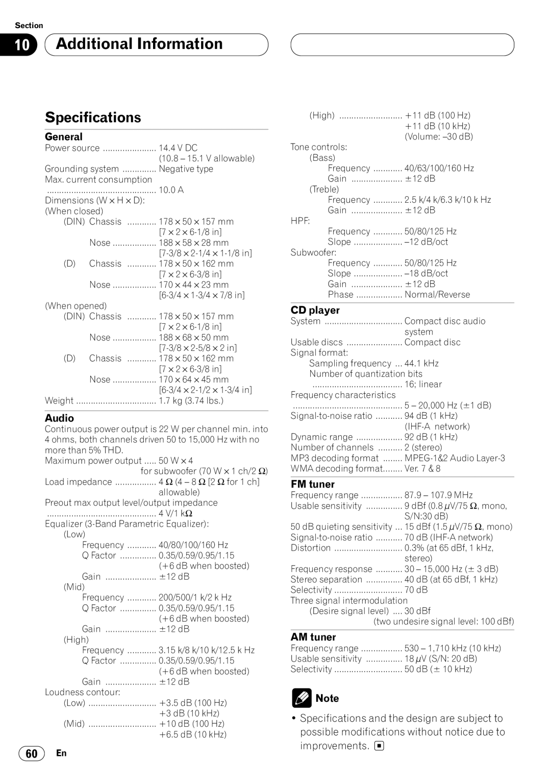 Kenwood CRD3569-A operation manual Specifications 