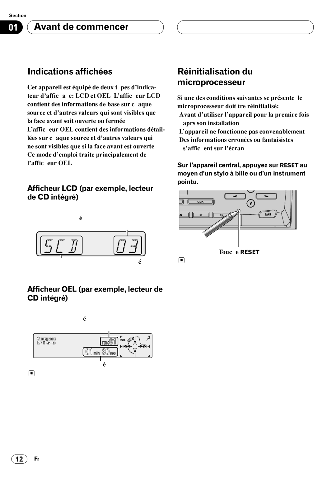 Kenwood CRD3569-A operation manual Indications affichées, Réinitialisation du microprocesseur 