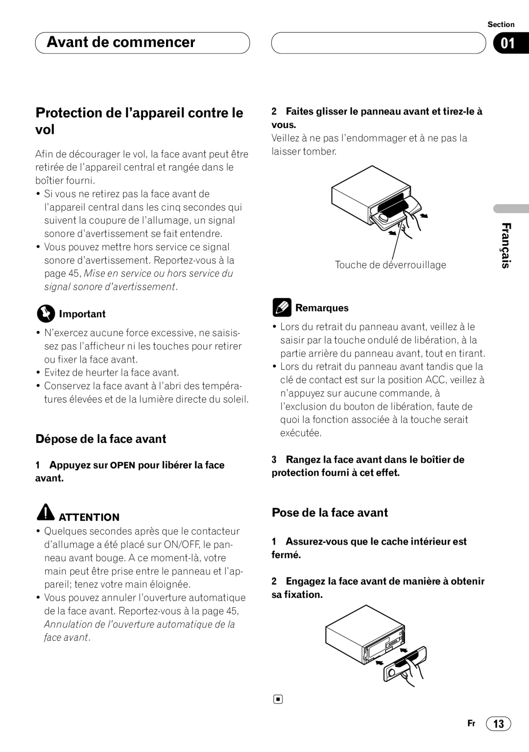 Kenwood CRD3569-A operation manual Protection de l’appareil contre le vol, Dépose de la face avant, Pose de la face avant 