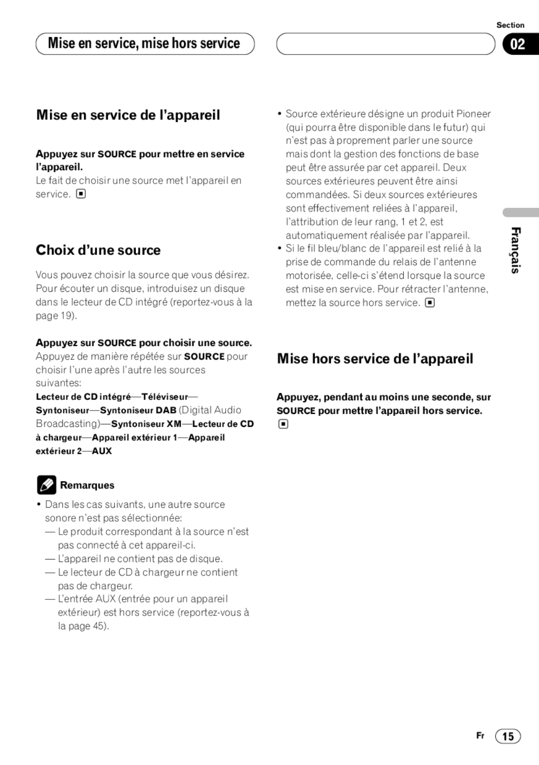 Kenwood CRD3569-A operation manual Mise en service, mise hors service, Mise en service de l’appareil, Choix d’une source 