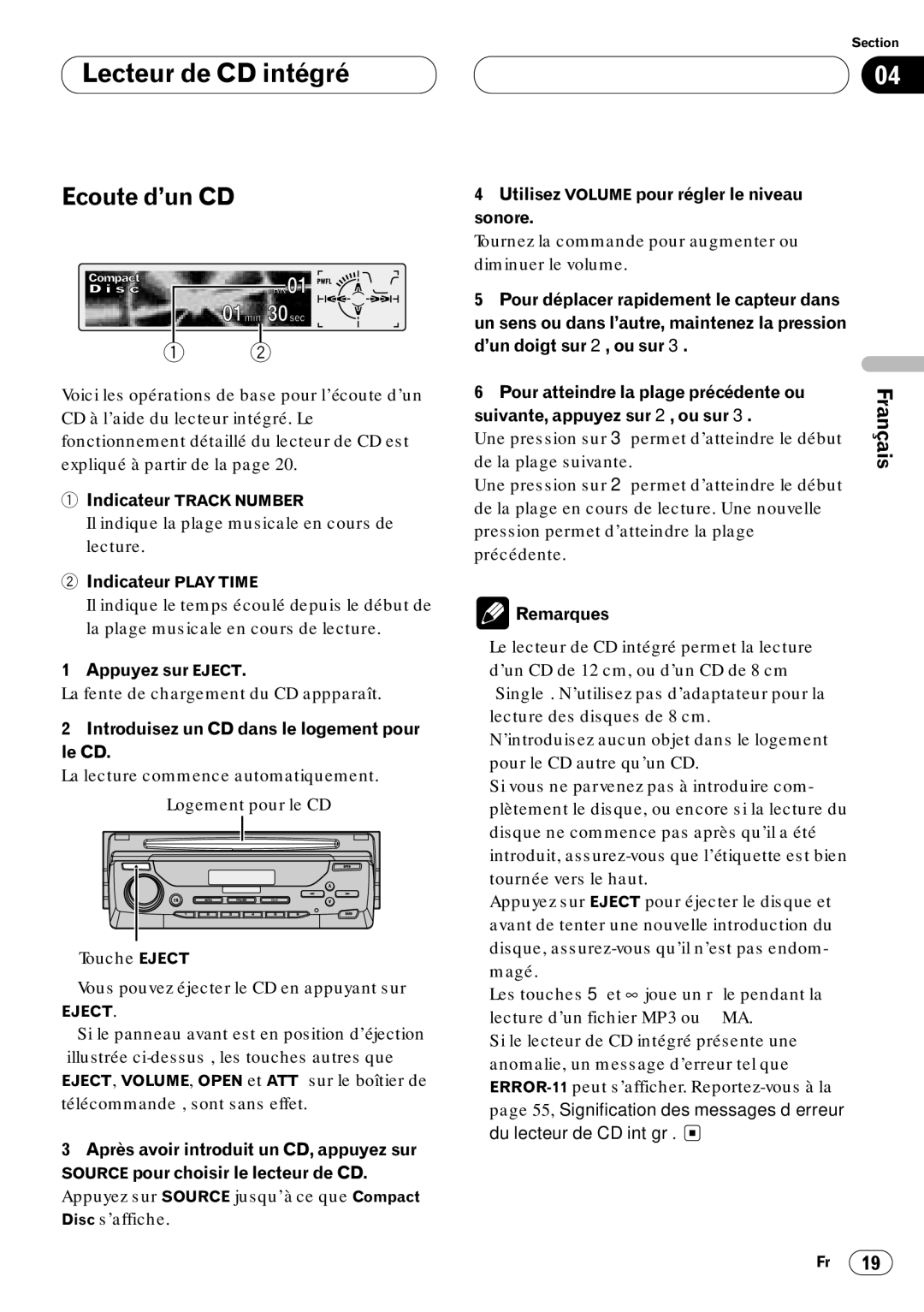 Kenwood CRD3569-A operation manual Lecteur de CD intégré, Ecoute d’un CD 