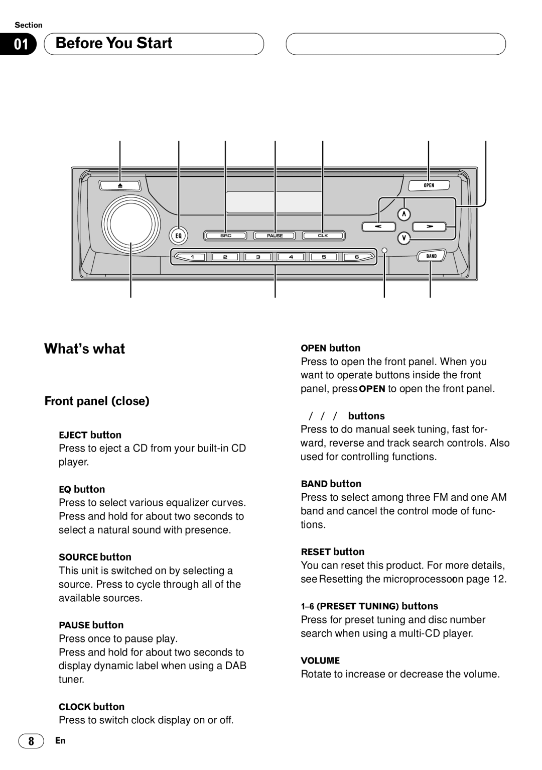 Kenwood CRD3569-A operation manual What’s what, Front panel close 