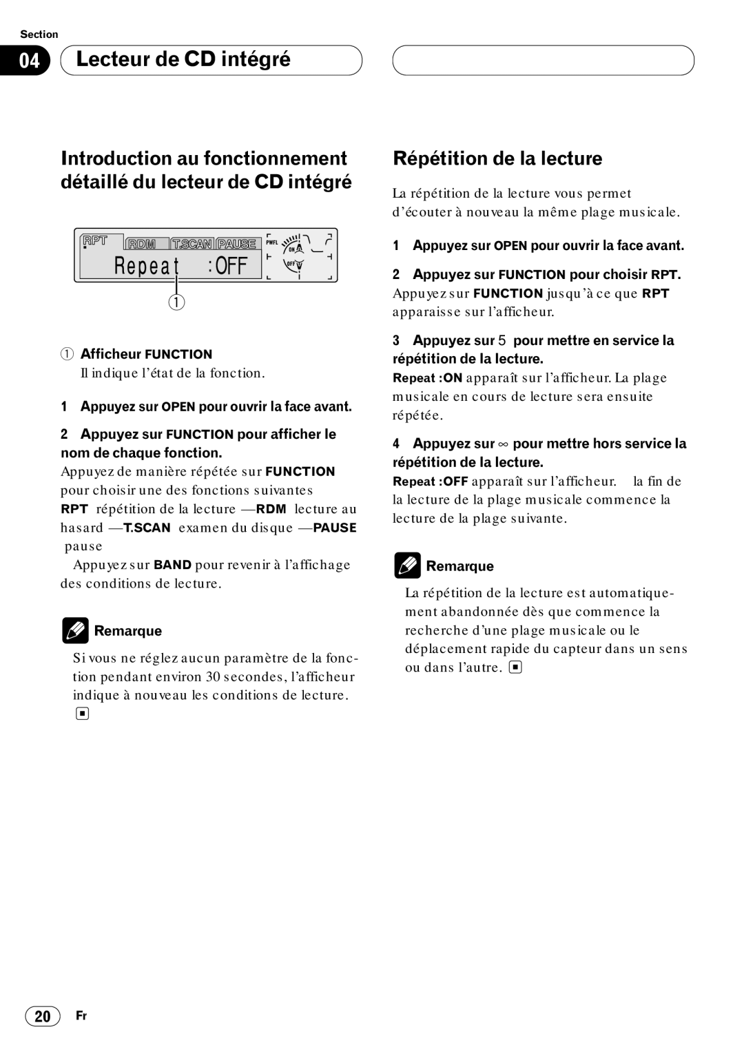 Kenwood CRD3569-A operation manual Répétition de la lecture, Afficheur Function 