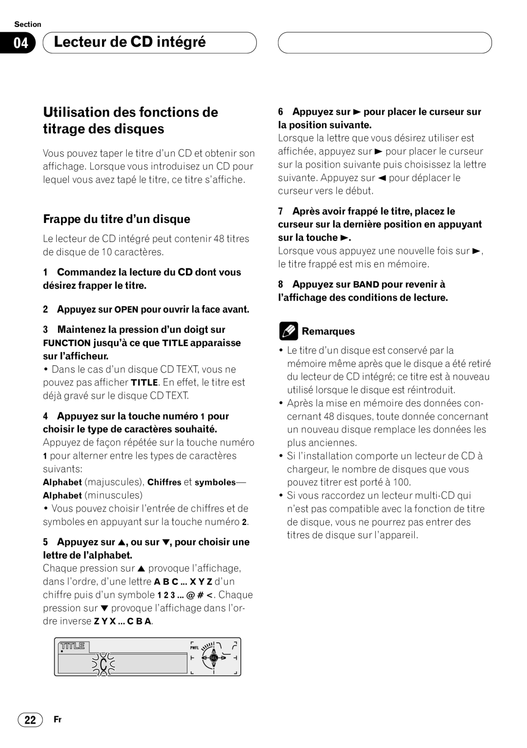 Kenwood CRD3569-A operation manual Utilisation des fonctions de titrage des disques, Frappe du titre d’un disque 