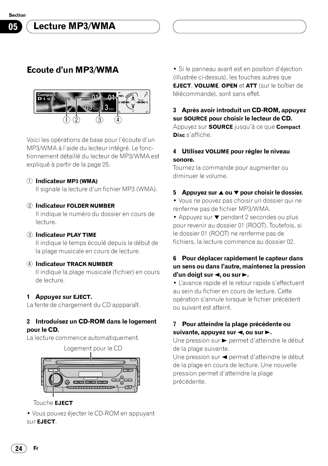 Kenwood CRD3569-A Lecture MP3/WMA, Ecoute d’un MP3/WMA, Indicateur MP3 WMA, Appuyez sur 5 ou ∞ pour choisir le dossier 