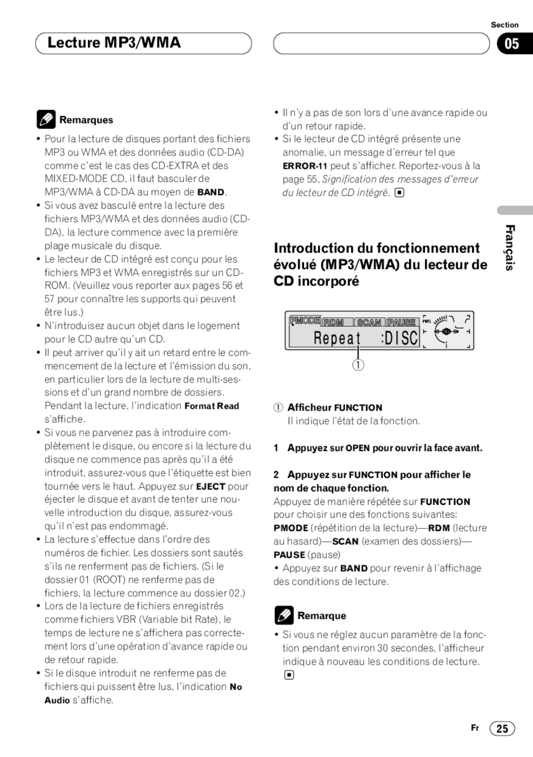 Kenwood CRD3569-A operation manual Introduction du fonctionnement CD incorporé, Remarques 