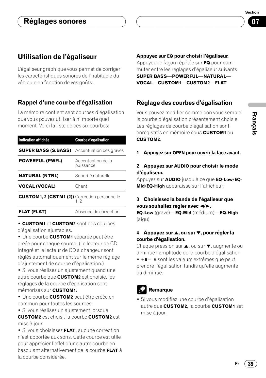 Kenwood CRD3569-A Utilisation de l’égaliseur, Rappel d’une courbe d’égalisation, Réglage des courbes d’égalisation 