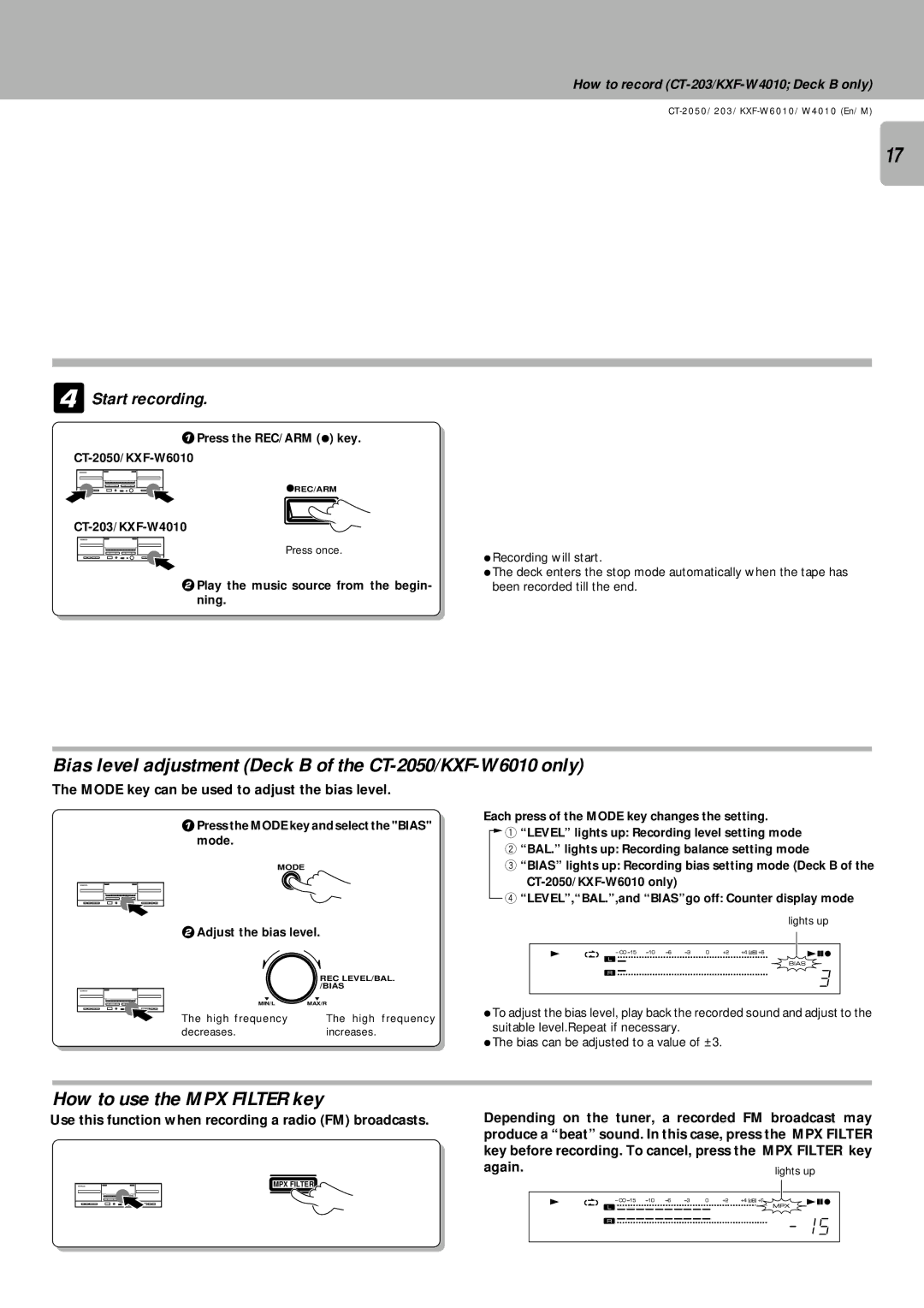 Kenwood Bias level adjustment Deck B of the CT-2050/KXF-W6010 only, How to use the MPX Filter key, Start recording 