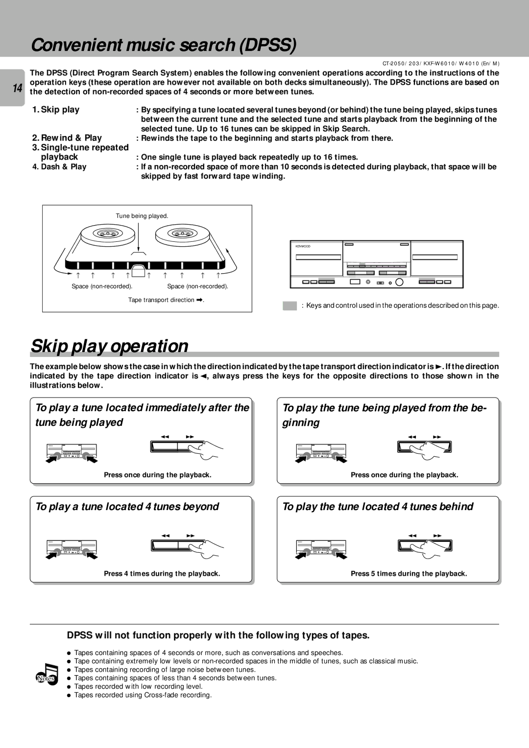 Kenwood CT/KXF-W Convenient music search Dpss, Skip play operation, To play a tune located 4 tunes beyond 