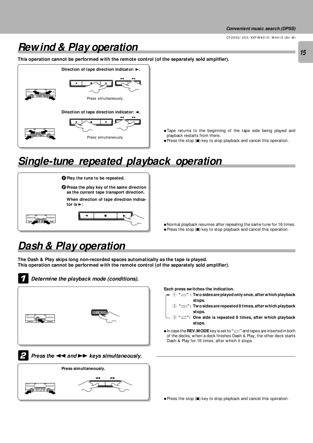 Kenwood CT/KXF-W instruction manual Rewind & Play operation, Single-tune repeated playback operation, Dash & Play operation 