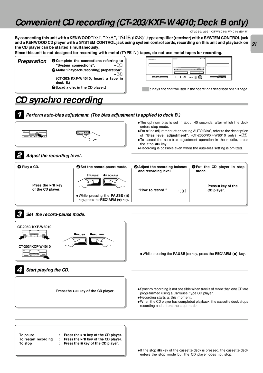 Kenwood CT/KXF-W instruction manual CD synchro recording, Set the record-pause mode, 4Start playing the CD 