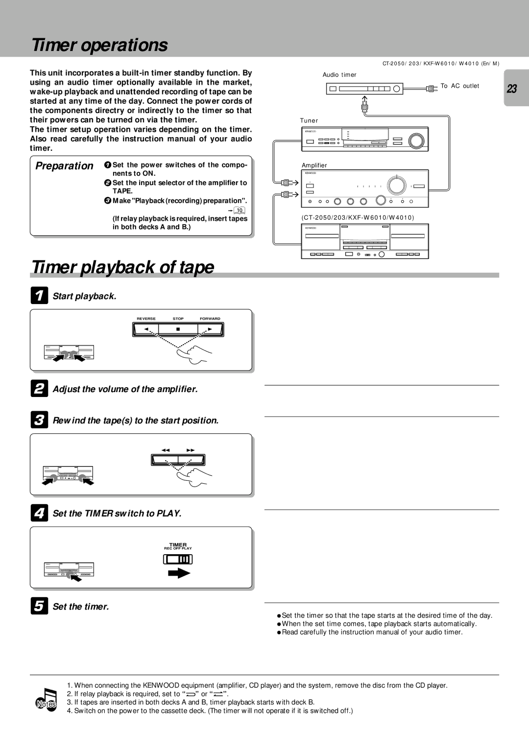 Kenwood CT/KXF-W instruction manual Timer operations, Timer playback of tape, Set the timer 