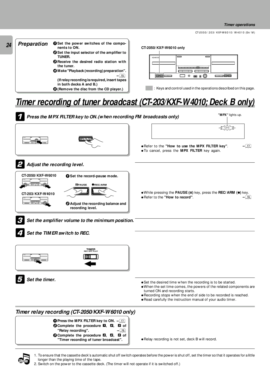 Kenwood CT/KXF-W instruction manual Timer relay recording CT-2050/KXF-W6010 only, 5Set the timer, Timer operations 