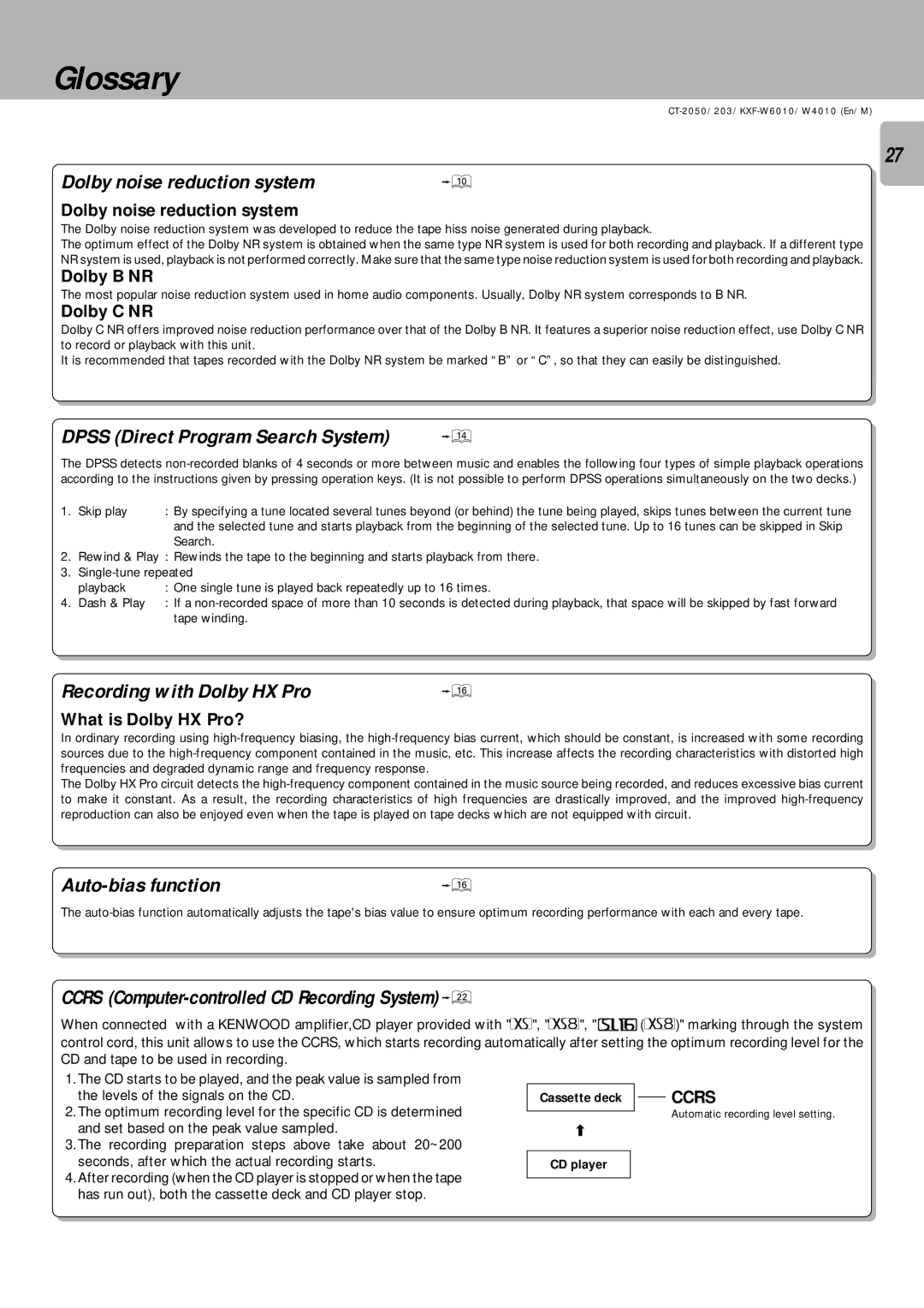 Kenwood CT/KXF-W instruction manual Glossary, Dolby noise reduction system, Recording with Dolby HX Pro, Auto-bias function 