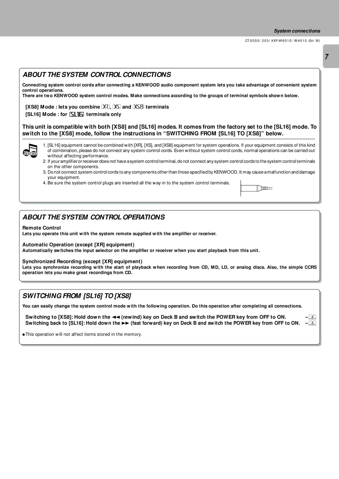 Kenwood CT/KXF-W instruction manual System connections, Remote Control, Automatic Operation except XR equipment 