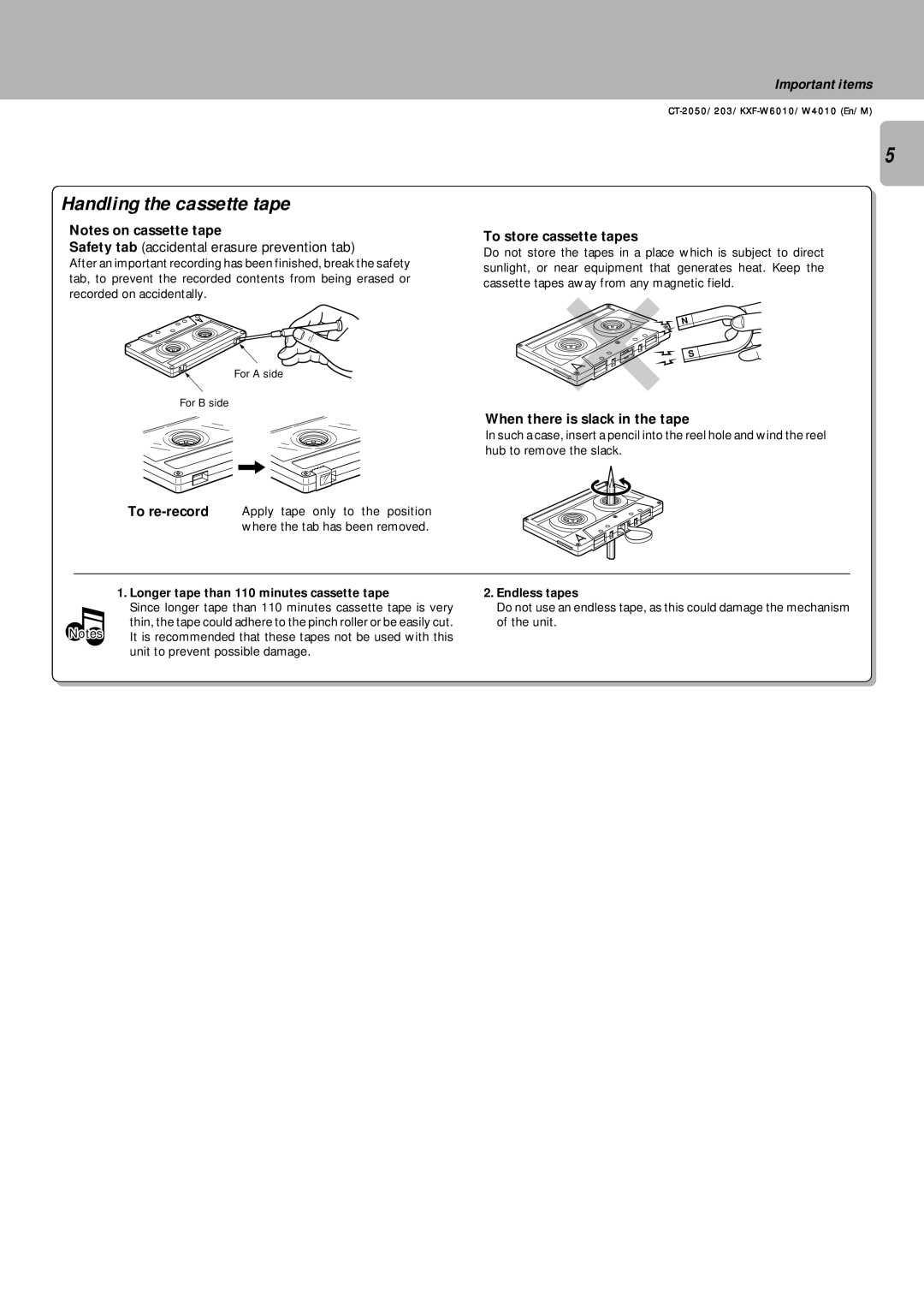 Kenwood CT/KXF-W instruction manual Handling the cassette tape, Important items 