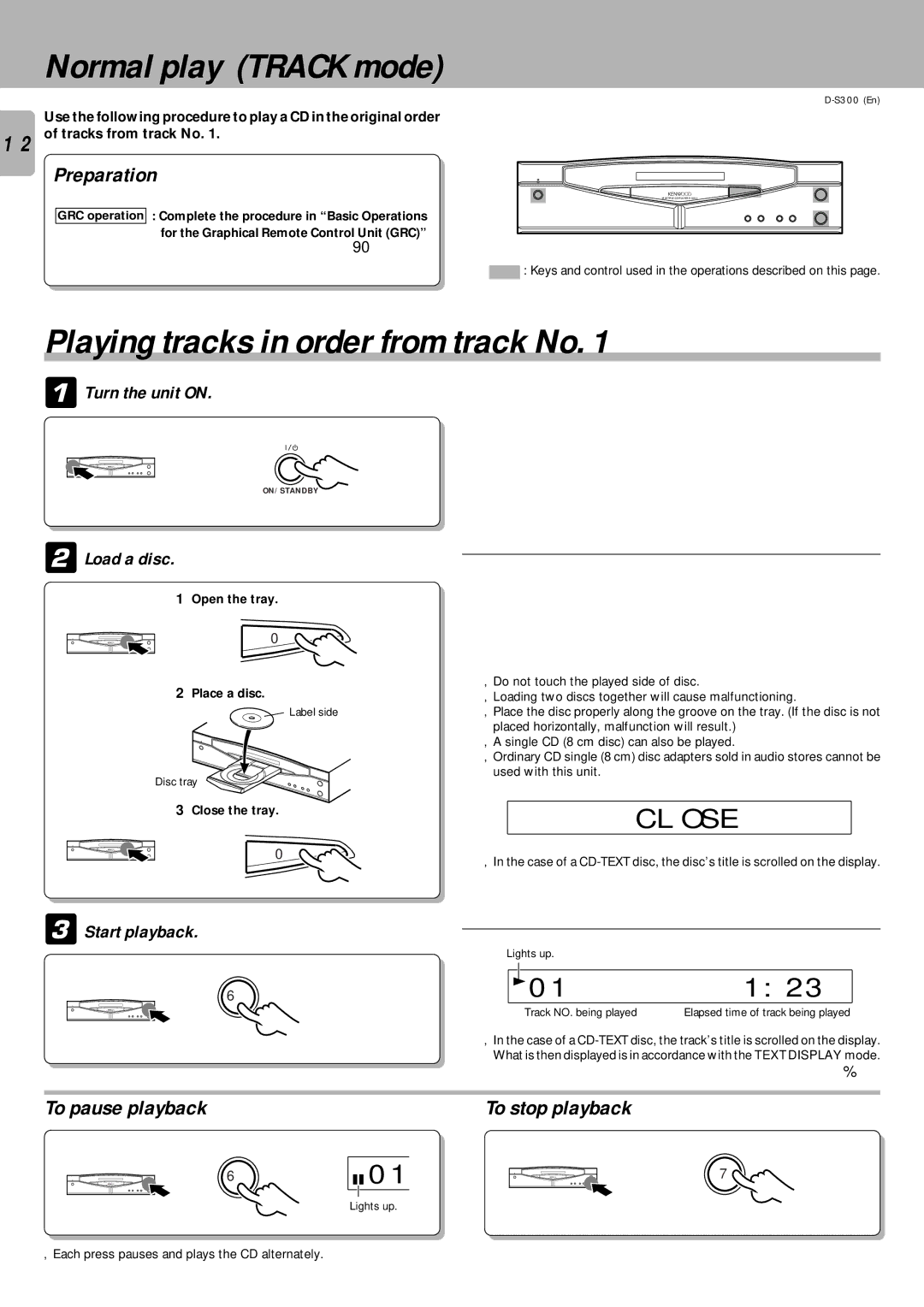 Kenwood D-S300 instruction manual Normal play Track mode, Playing tracks in order from track No, Close ¥, 01123 