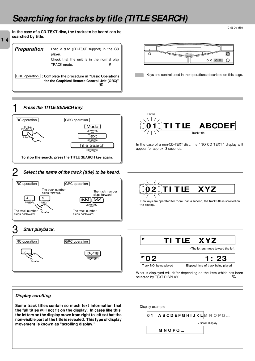 Kenwood D-S300 instruction manual Searching for tracks by title Title Search, Title Abcdef, Title XYZ, 123 