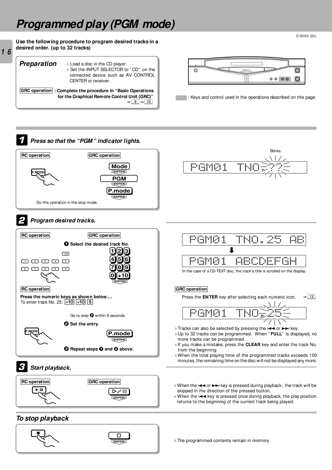 Kenwood D-S300 instruction manual Programmed play PGM mode, PGM01 TNO.??, PGM01 TNO.25 AB, PGM01 Abcdefgh 