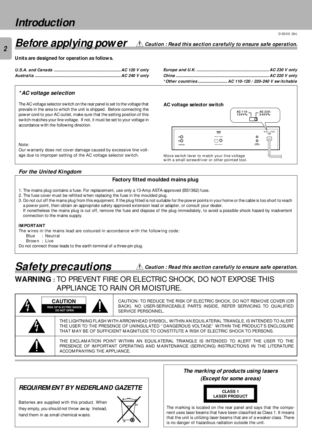 Kenwood D-S300 instruction manual Introduction, Safety precautions, AC voltage selection, For the United Kingdom 