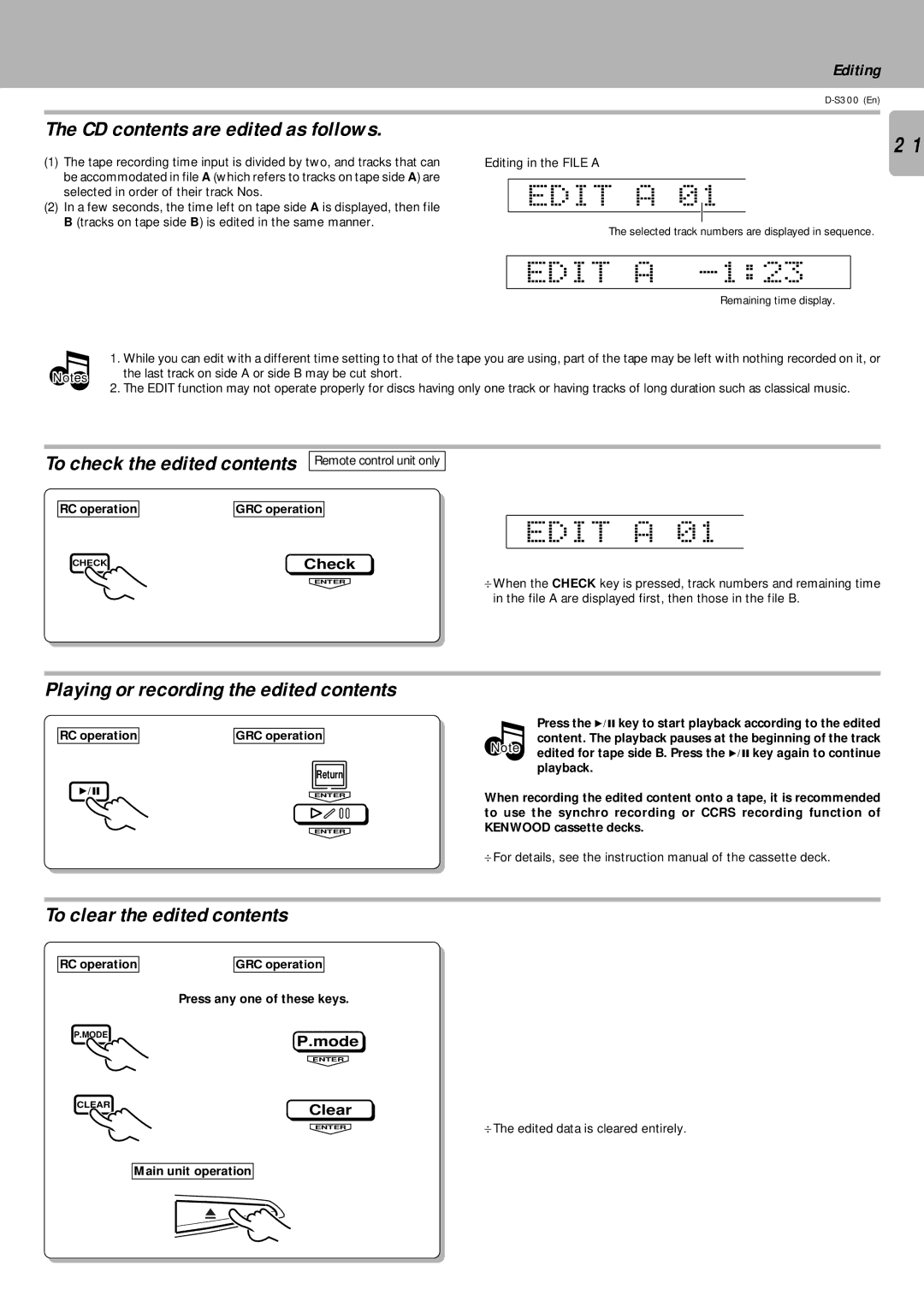 Kenwood D-S300 instruction manual Edit a, CD contents are edited as follows, Playing or recording the edited contents 