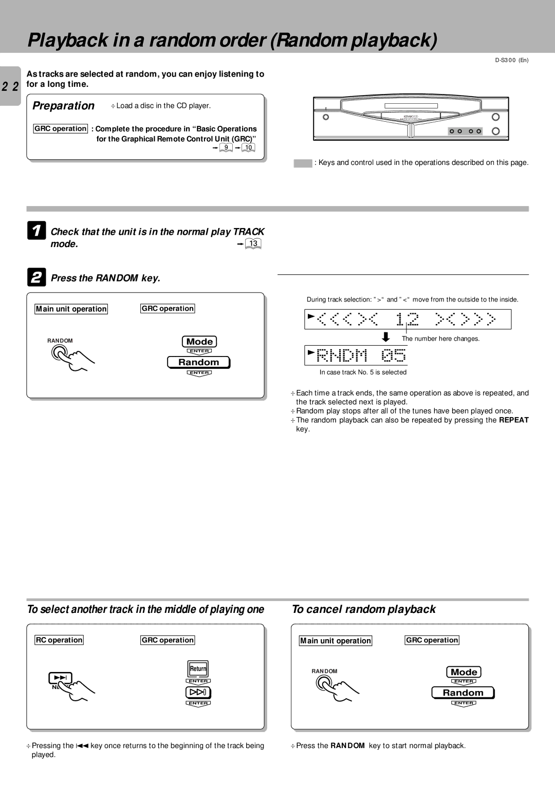 Kenwood D-S300 instruction manual Playback in a random order Random playback, Rndm, To cancel random playback 