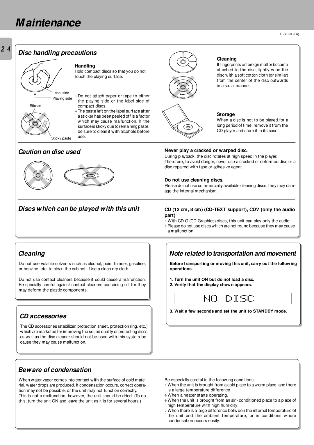 Kenwood D-S300 instruction manual Maintenance, No Disc, Cleaning, CD accessories, Beware of condensation 