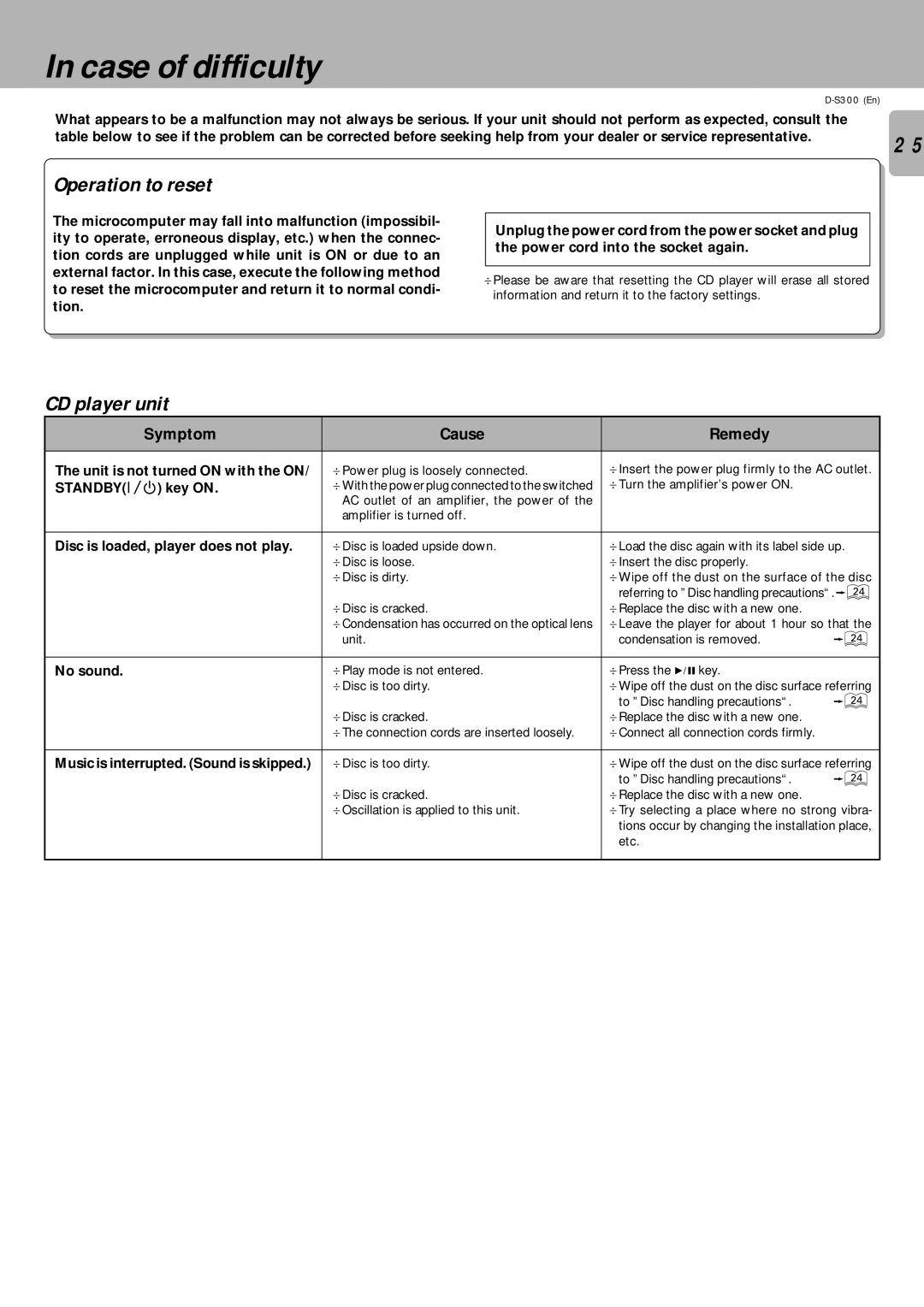 Kenwood D-S300 instruction manual Case of difficulty, Operation to reset, CD player unit 