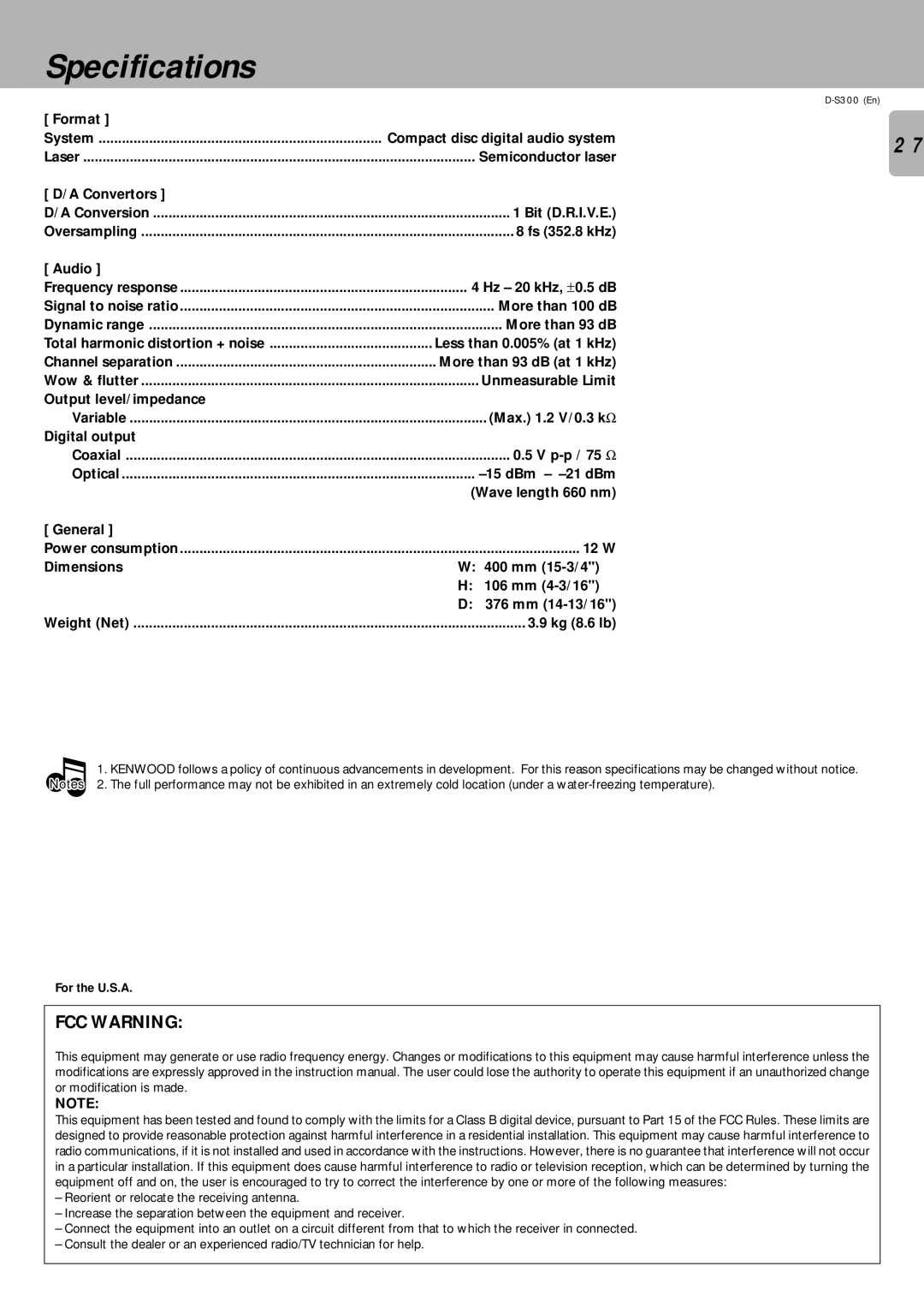 Kenwood D-S300 instruction manual Specifications 