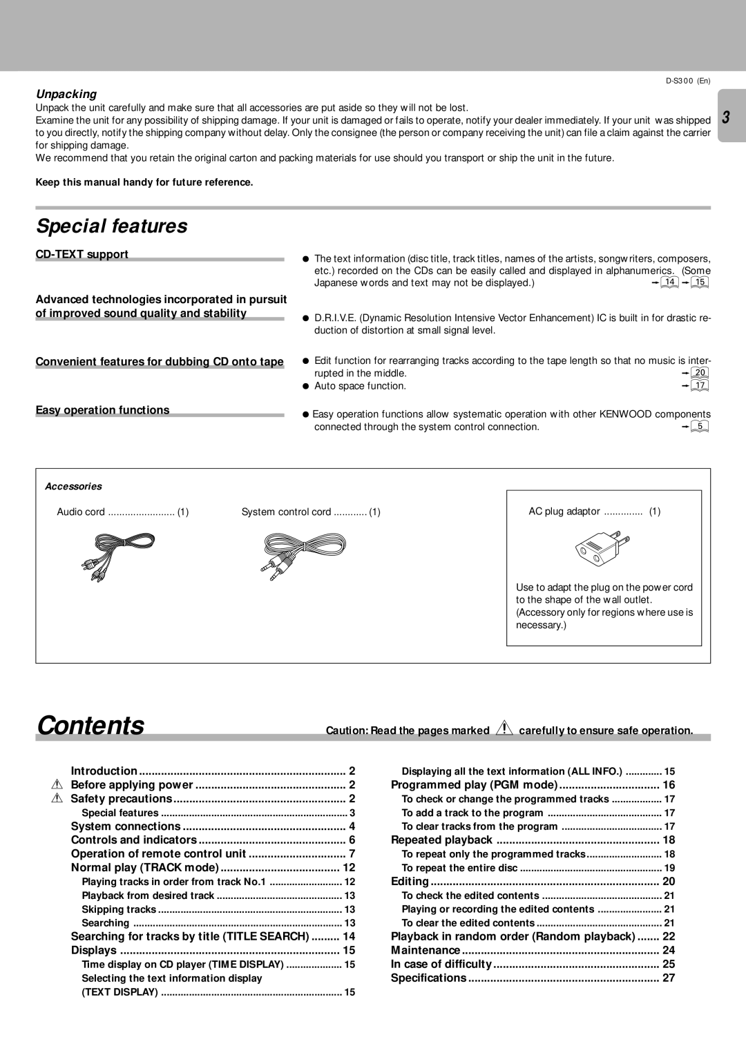 Kenwood D-S300 instruction manual Contents 