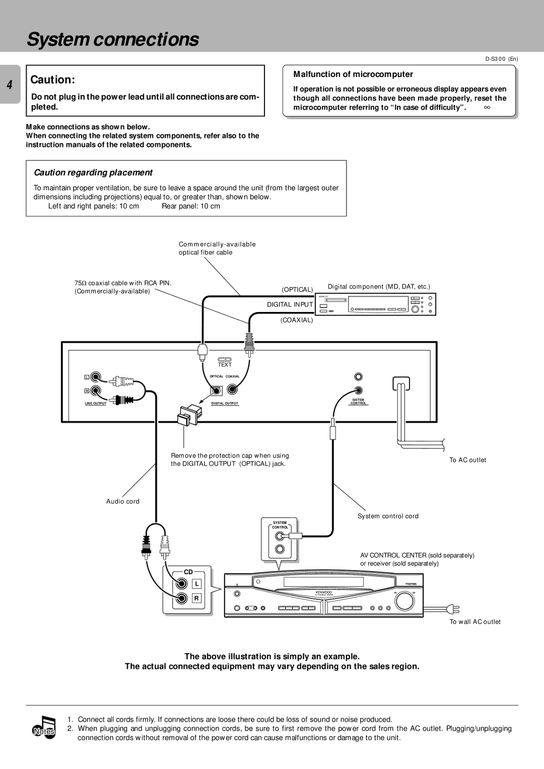 Kenwood D-S300 instruction manual System connections, Malfunction of microcomputer, Make connections as shown below 