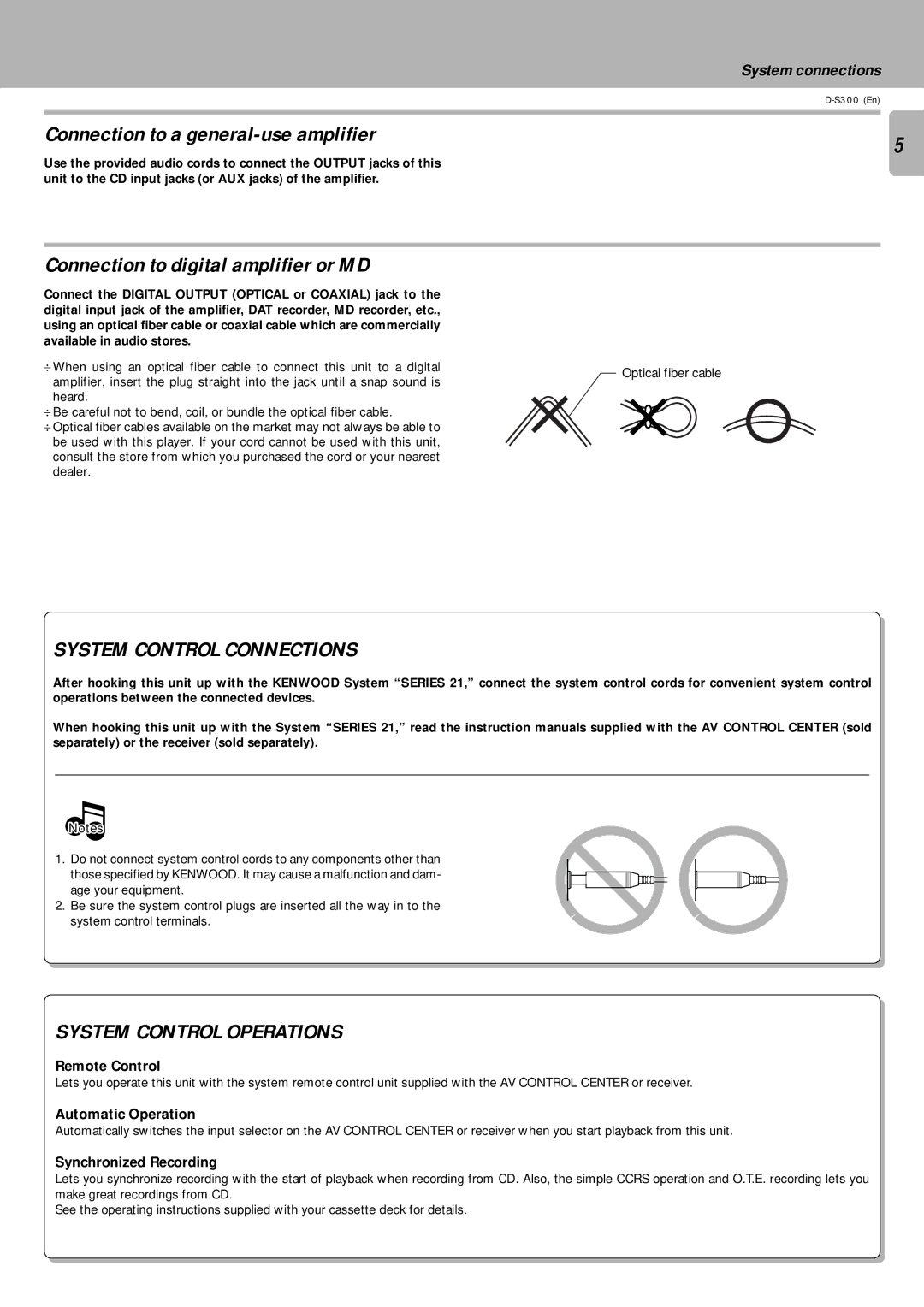 Kenwood D-S300 Connection to a general-use amplifier, Connection to digital amplifier or MD, Remote Control 