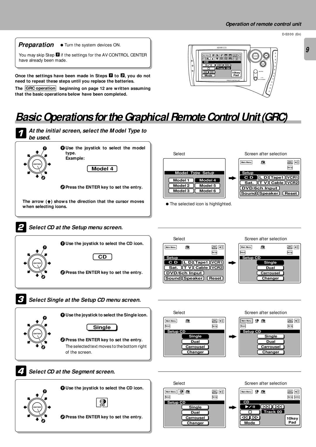 Kenwood D-S300 instruction manual Select CD at the Setup menu screen, Select Single at the Setup CD menu screen 