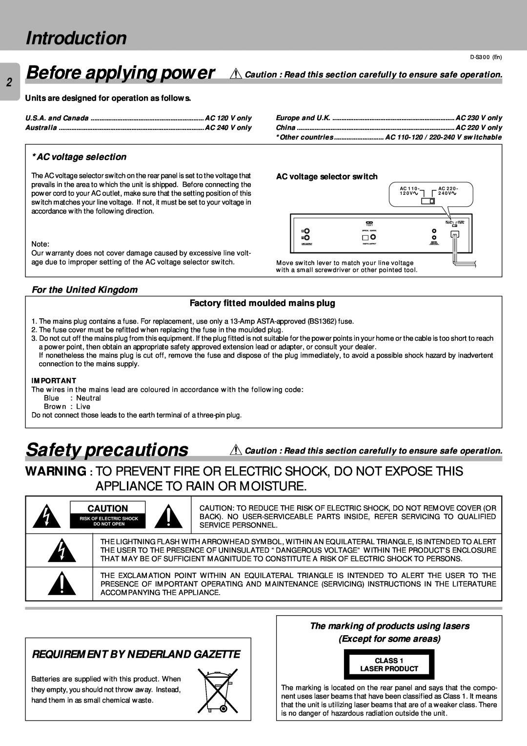 Kenwood D-S300 instruction manual Introduction, Safety precautions, Requirement By Nederland Gazette, AC voltage selection 
