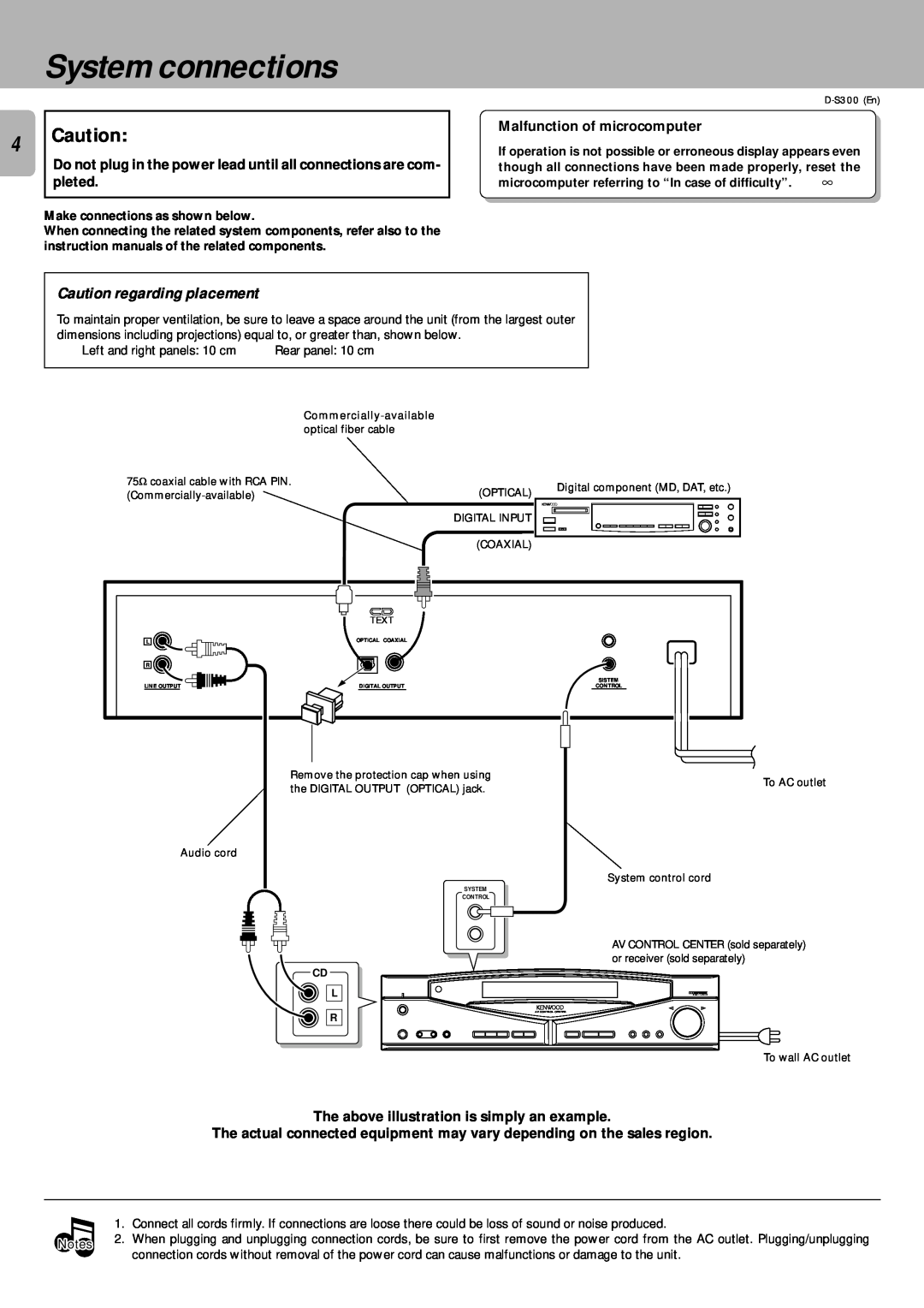 Kenwood D-S300 instruction manual System connections, Caution regarding placement, Make connections as shown below 