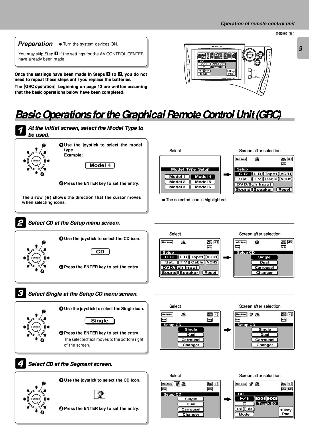 Kenwood D-S300 instruction manual 2Select CD at the Setup menu screen, 3Select Single at the Setup CD menu screen, Model 