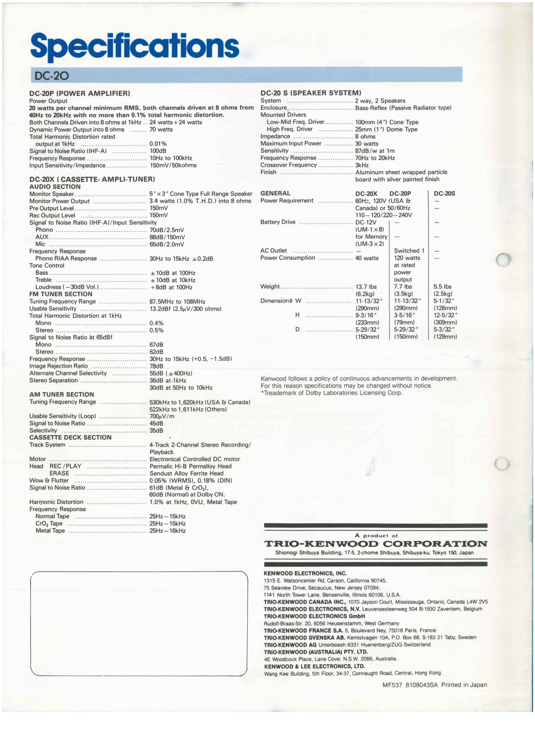 Kenwood DC-20 manual Specifications, T R I O - K E N W O O D C O R P O R A T I O N 