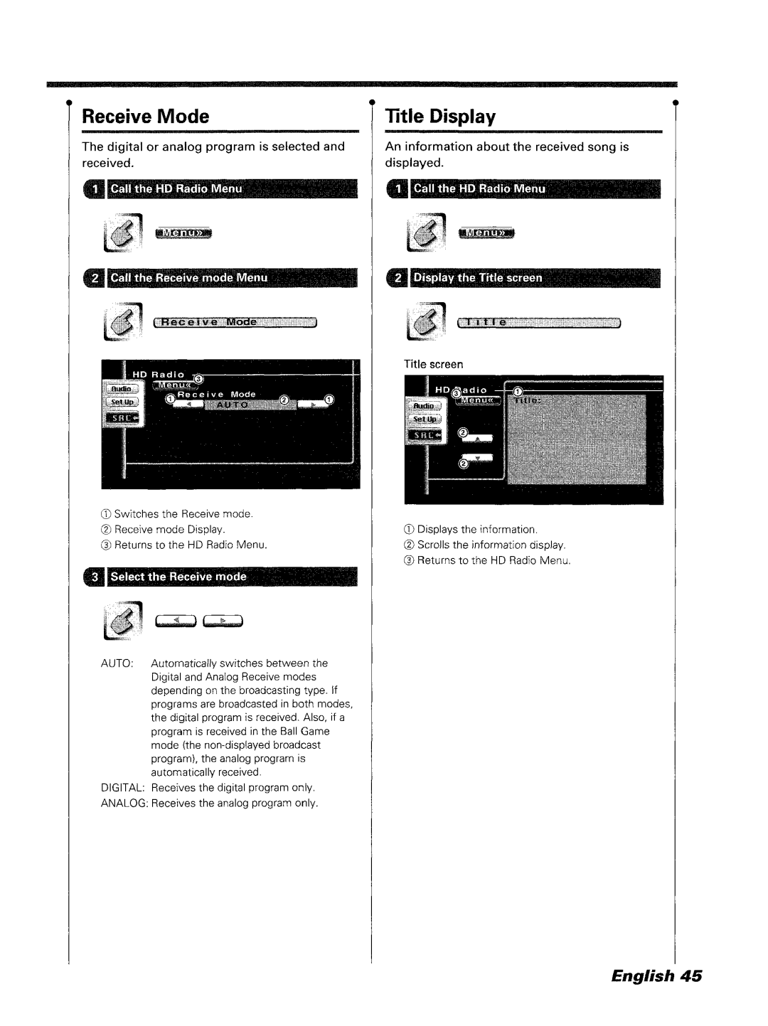 Kenwood DDX7045 instruction manual TItle Display, Receive Mode, FJ Di~plalt~E! Titl,~!%~r~~~, Pilll.,tlle,HPRa~iflill1e~~ 