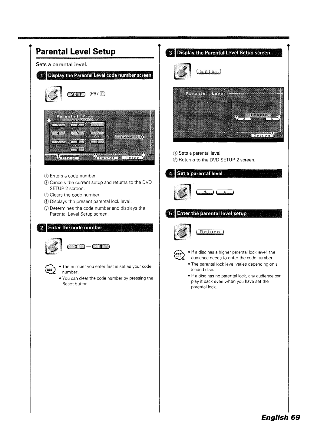 Kenwood DDX7045 Parental level Setup, Sets a parental level, Return, Audience needs to enter the code number 