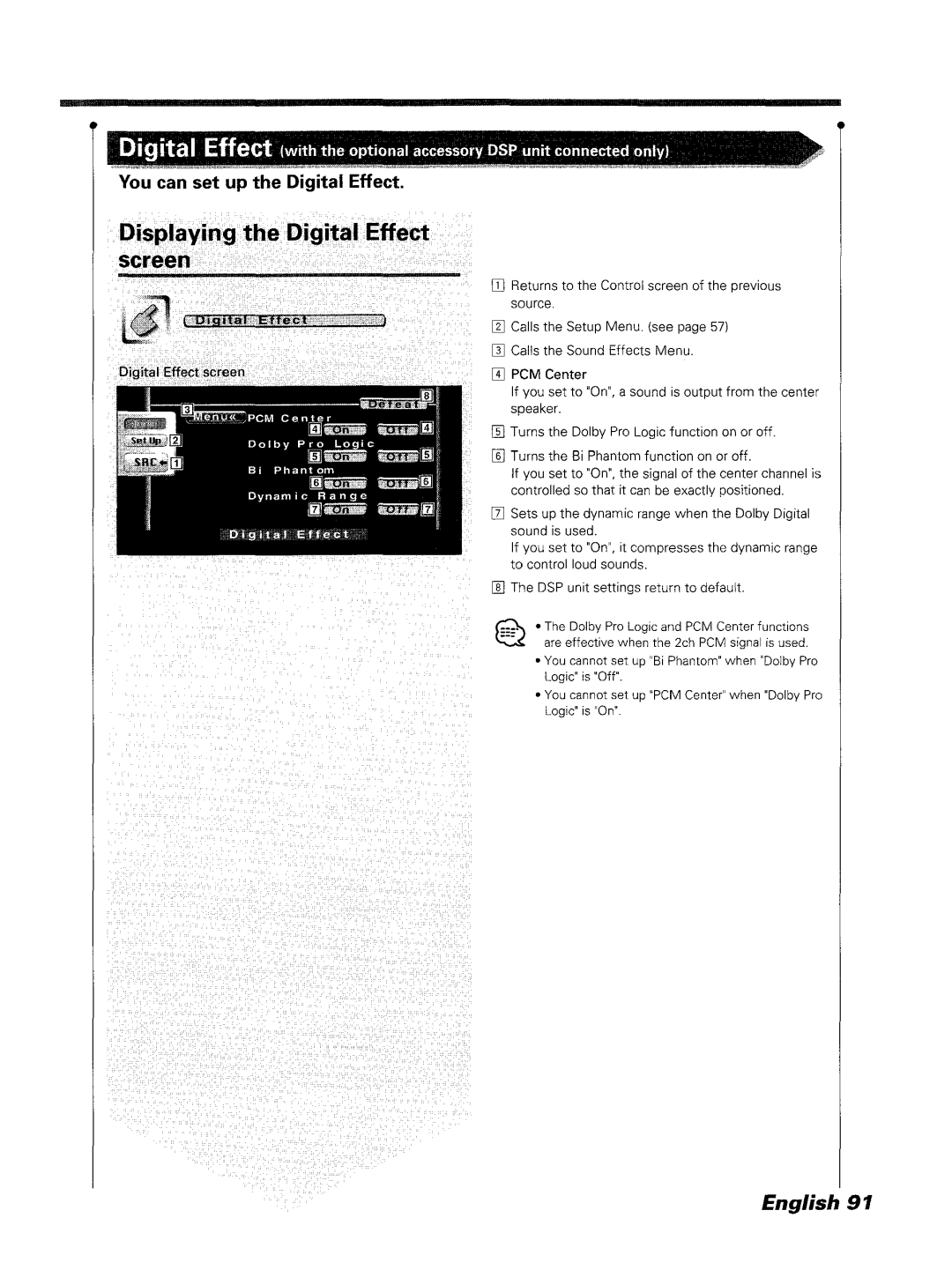 Kenwood DDX7045 Calisthe Setup Menu. see, 1J Returns to the Control screen of the previous, Calis the Sound Effects Menu 