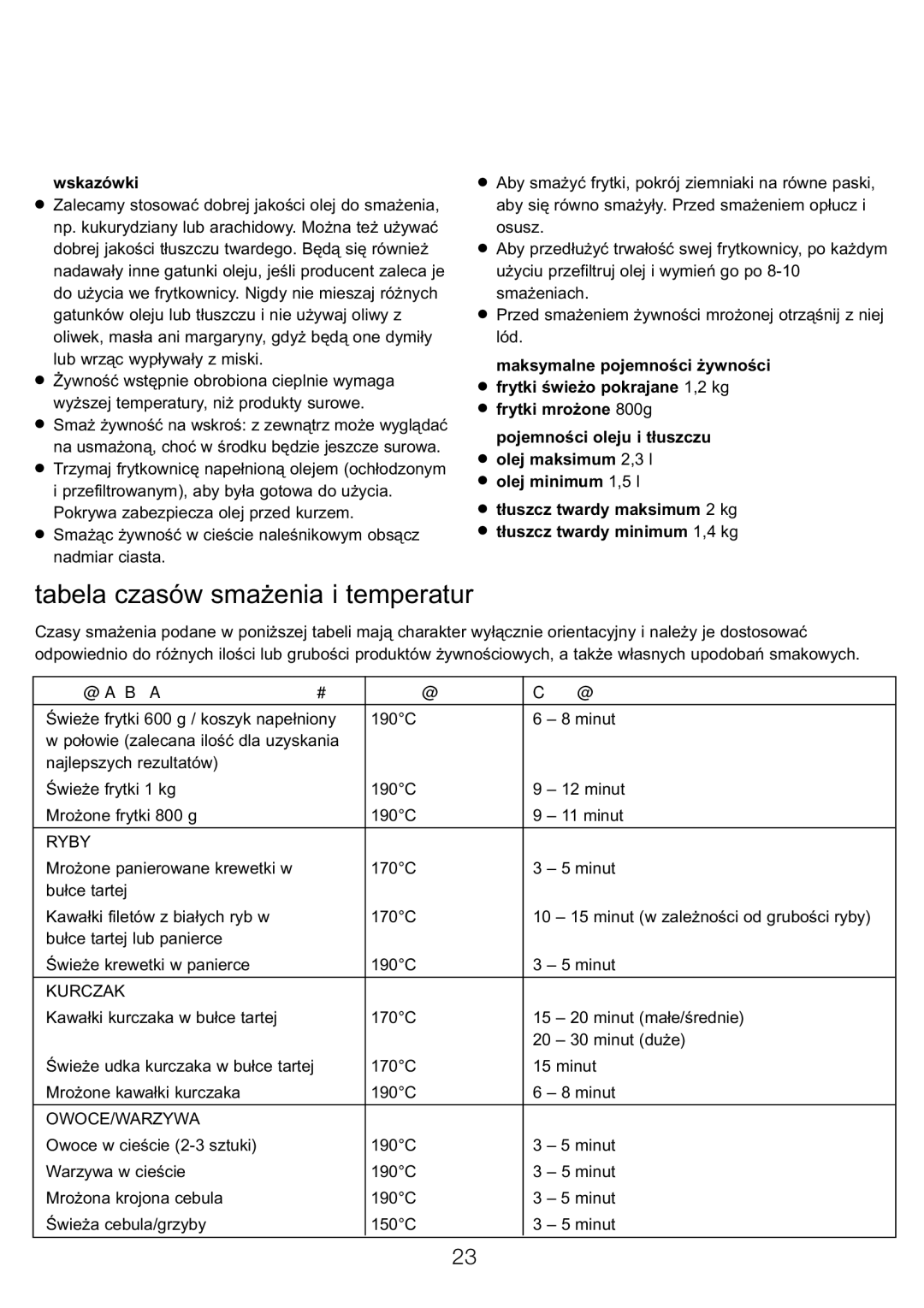 Kenwood DEEP FRYER manual Tabela czasów smażenia i temperatur, Wskazówki, Produkt żywnościowy, Czas smażenia 