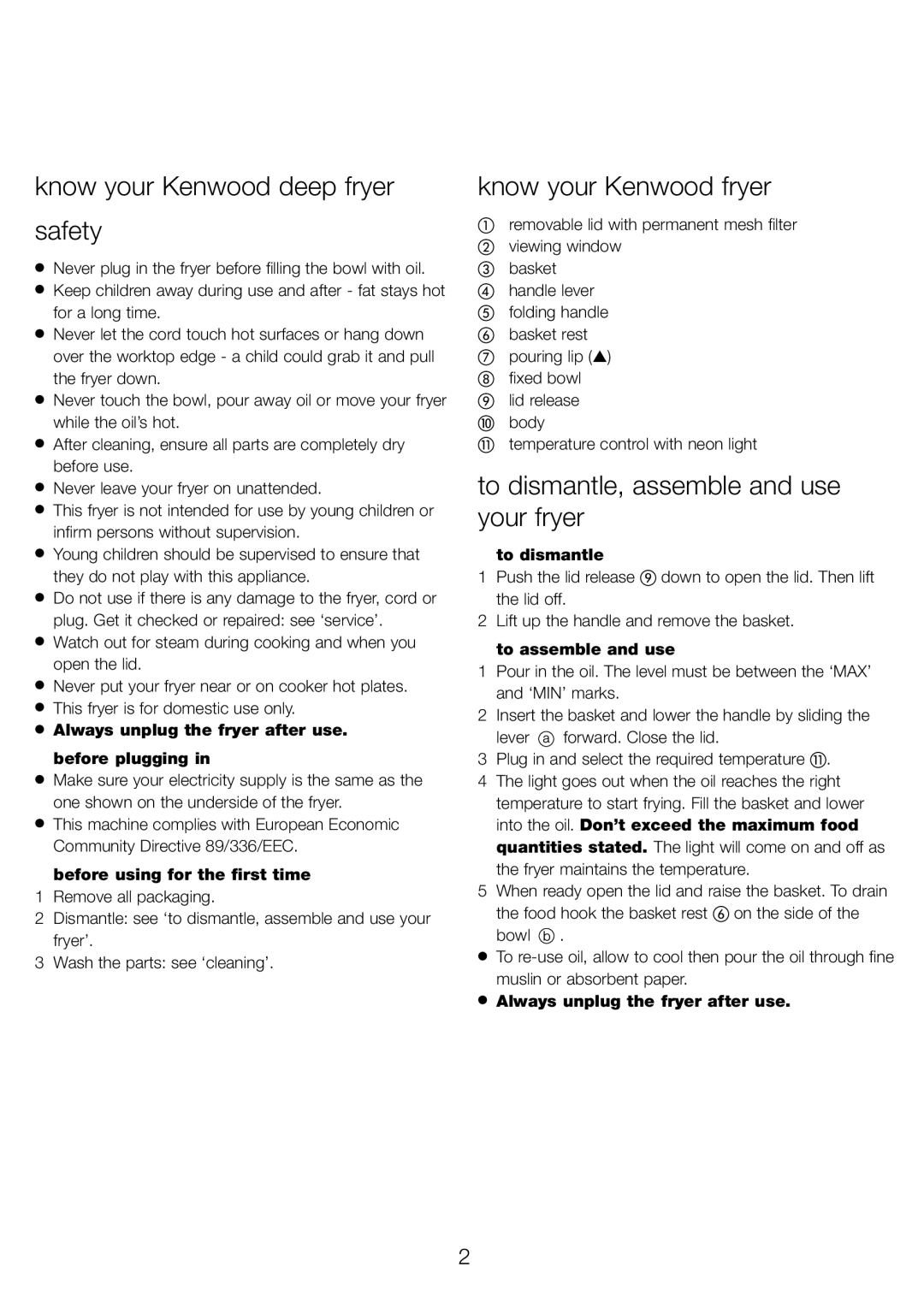 Kenwood DEEP FRYER Know your Kenwood deep fryer Safety, Know your Kenwood fryer, To dismantle, assemble and use your fryer 