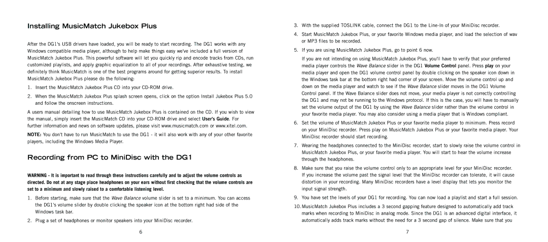 Kenwood user manual Installing MusicMatch Jukebox Plus, Recording from PC to MiniDisc with the DG1 