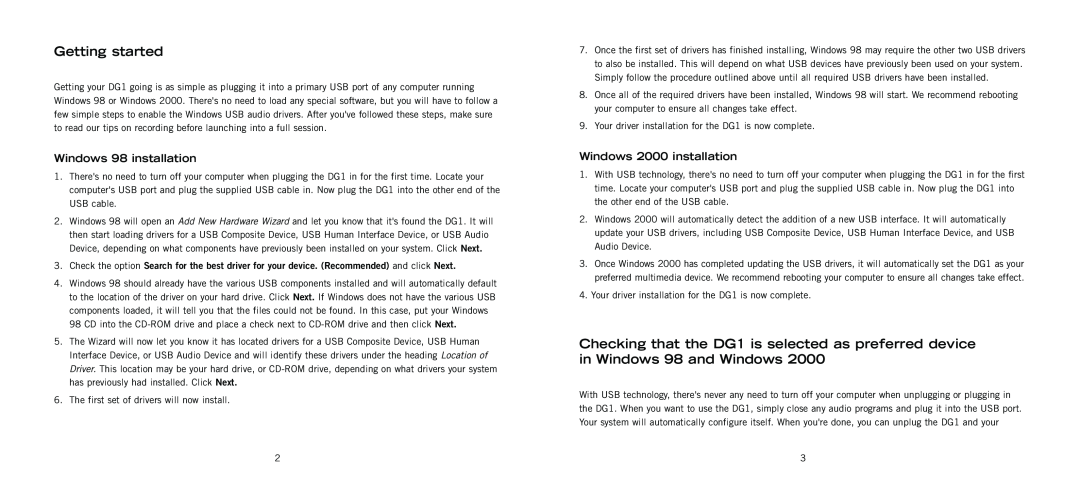 Kenwood DG1 user manual Getting started, Windows 98 installation, Windows 2000 installation 