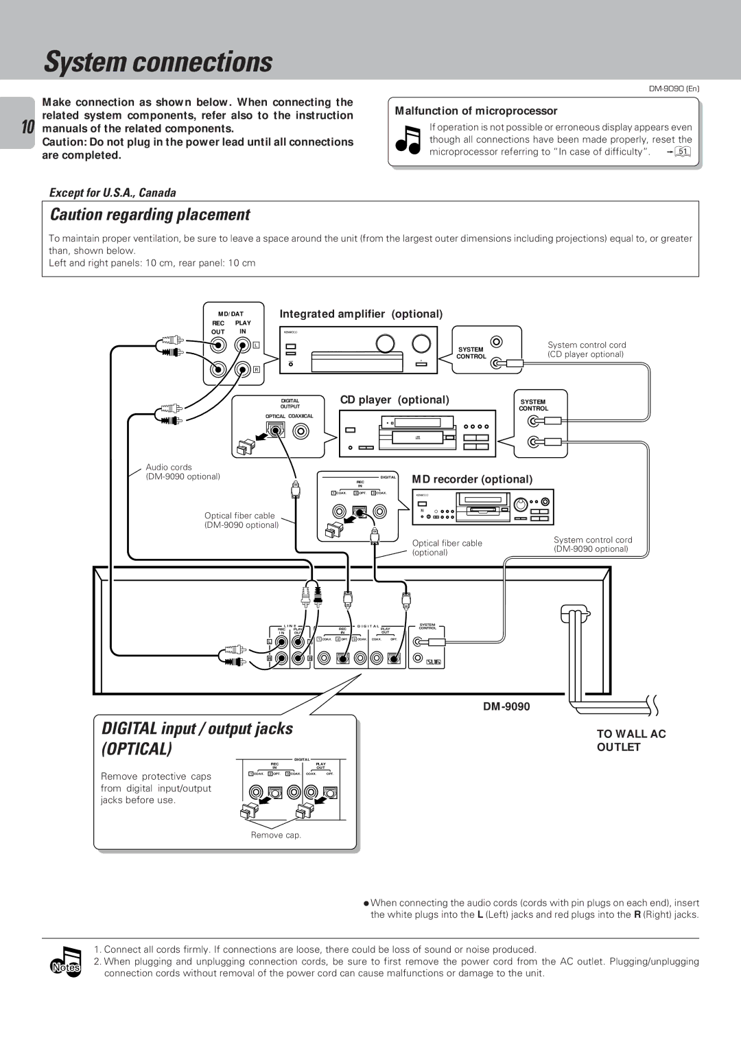 Kenwood DM-9090 instruction manual System connections, Digital input / output jacks Optical 