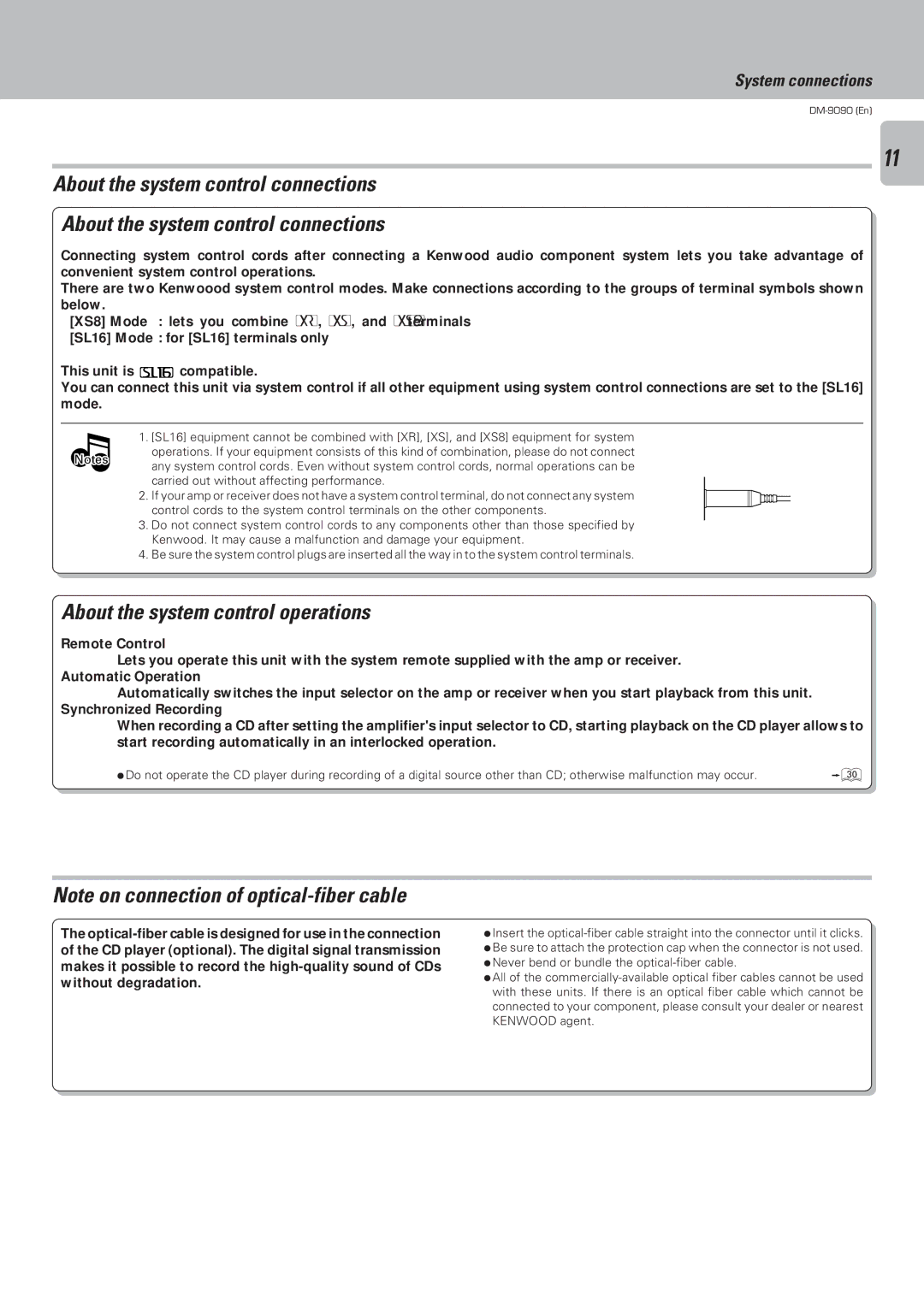 Kenwood DM-9090 instruction manual About the system control connections, About the system control operations 