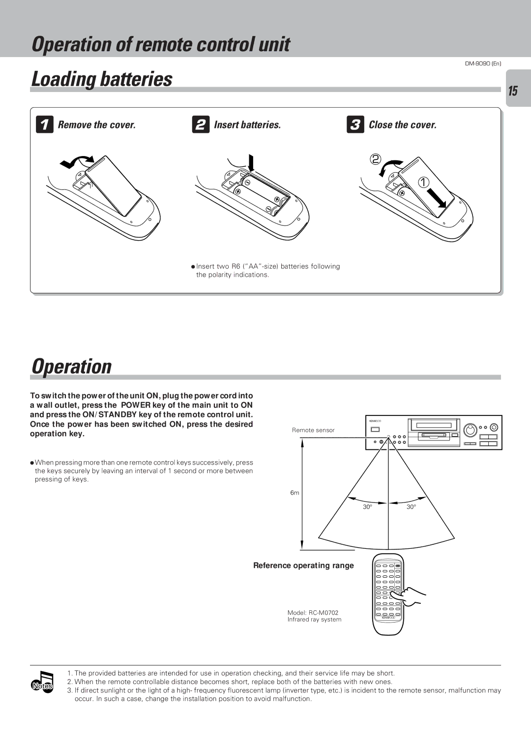 Kenwood DM-9090 Operation of remote control unit, Loading batteries, 1Remove the cover.2Insert batteries.3Close the cover 