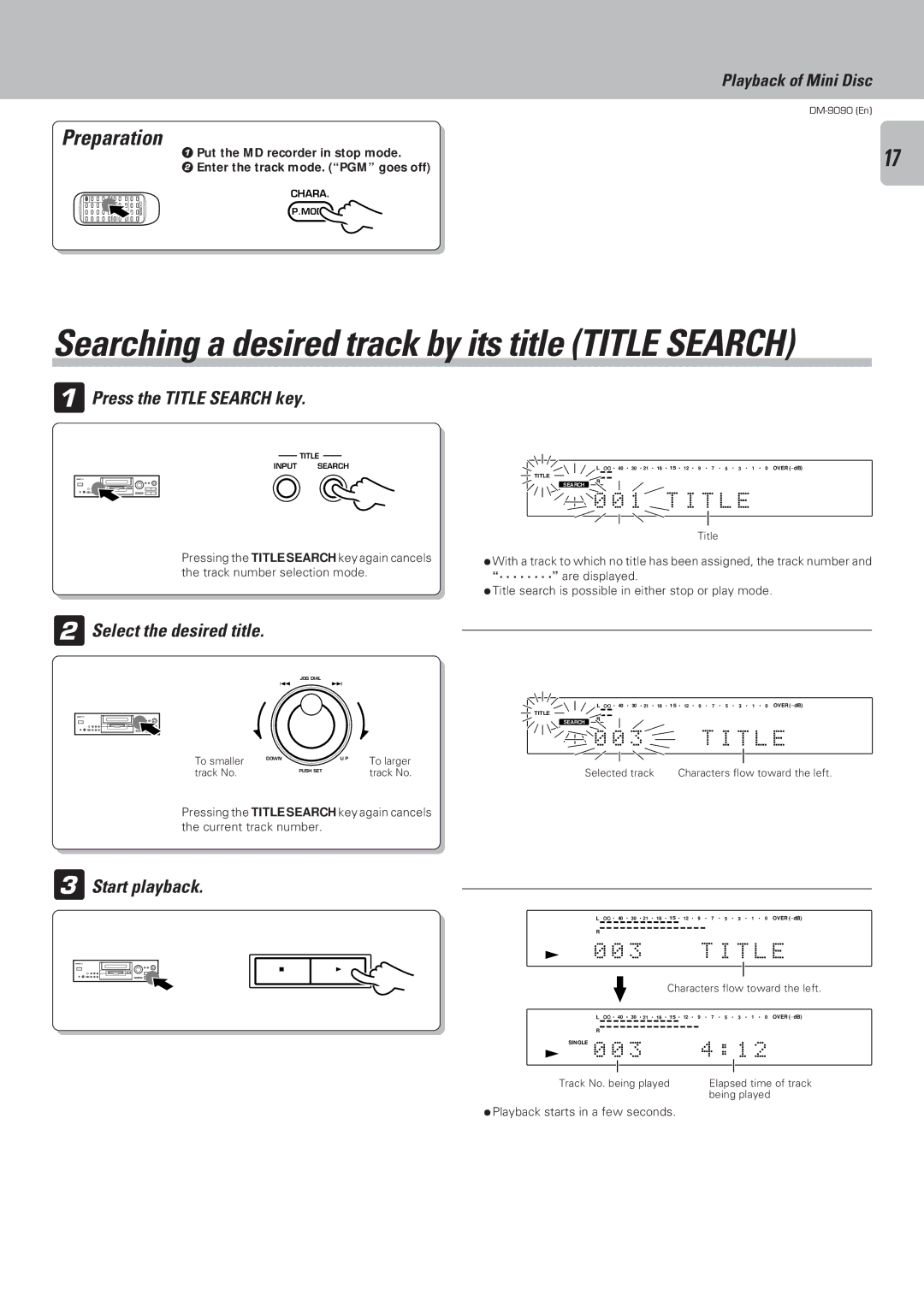 Kenwood DM-9090 instruction manual Preparation, Press the Title Search key, Select the desired title, T L E 